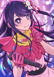 1girl absurdres belt black_belt brooch commentary_request gloves hair_ornament hair_ribbon heart heart_brooch highres hoshino_ai idol idol_clothes jewelry long_hair makiri96 one_eye_closed oshi_no_ko pink_gloves pink_ribbon purple_hair rabbit_hair_ornament ribbon solo standing star_(symbol) star_hair_ornament