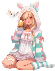 1girl :d absurdres animal_hood blonde_hair bow chest_bow commentary_request couch cross-laced_clothes cross-laced_sleeves cup dark-skinned_female dark_skin dress drink elf elfriend_(shiranui_flare) empire_waist frilled_dress frills full_body fur_jacket green_socks hair_over_shoulder highres hinoki_kahun0 holding holding_cup hololive hood jacket kneehighs long_hair looking_at_viewer low_twintails multicolored_hair no_shoes official_alternate_costume open_mouth orange_eyes pink_bow pointy_ears shiranui_flare shiranui_flare_(loungewear) short_dress simple_background sitting sleeves_past_wrists smile socks solo streaked_hair striped_clothes striped_jacket striped_socks thigh_strap twintails virtual_youtuber white_background white_dress white_hair