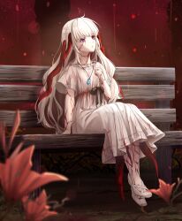 Rule 34 | 1girl, absurdres, bench, blue eyes, commentary, corruption, dress, ender lilies quietus of the knights, english commentary, expressionless, flower, full body, highres, jewelry, lily (ender lilies), linfey, long hair, looking up, miasma, pale skin, parted lips, pendant, red flower, sitting, solo, tendril, veins, white dress, white hair