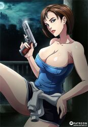 1girl artist_name bare_shoulders black_skirt blue_eyes blue_tube_top breasts brown_hair capcom cleavage clothes_around_waist collarbone gun hand_on_own_hip holding holding_gun holding_weapon jill_valentine looking_at_viewer miniskirt moon night night_sky paid_reward_available parted_lips patreon_username resident_evil resident_evil_3:_nemesis sano_br skirt sky strapless sweater sweater_around_waist tube_top weapon