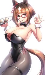Rule 34 | 1girl, absurdres, animal ears, armpits, bare shoulders, black bow, black bowtie, black leotard, bow, bowtie, breasts, brown eyes, cleavage, commentary request, cowboy shot, detached collar, ear ornament, highleg, highleg leotard, highres, holding, holding tray, horse ears, horse girl, horse tail, huge breasts, leotard, multicolored hair, nontraditional playboy bunny, ok sign, pantyhose, partial commentary, pataneet, red-framed eyewear, red eyes, semi-rimless eyewear, short hair, simple background, smile, solo, strapless, strapless leotard, streaked hair, tail, thigh strap, tongue, tongue out, transcend (umamusume), tray, umamusume, under-rim eyewear, white background, white hair, wrist cuffs