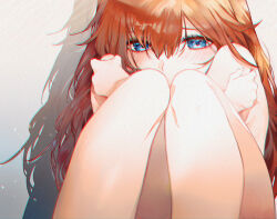 1girl bare_legs blue_eyes blush brown_hair chromatic_aberration eyebrows_hidden_by_hair grey_background hair_between_eyes long_hair messy_hair modern_afro neon_genesis_evangelion nude sitting solo souryuu_asuka_langley straight_hair
