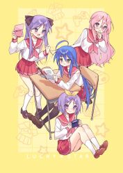 Rule 34 | 4girls, absurdly long hair, blue hair, blush, controller, desk, game boy advance, game controller, green eyes, group picture, handheld game console, haruhi, highres, hiiragi kagami, hiiragi tsukasa, izumi konata, long hair, lucky star, manga (object), matching hair/eyes, miniskirt, mole, mole under eye, multiple girls, nintendo ds, outstretched legs, pink hair, pleated skirt, purple eyes, purple hair, red skirt, sailor, school desk, school uniform, serafuku, shirt, short hair, simple background, sitting, skirt, standing, star (symbol), suzumiya, suzumiya haruhi no yuuutsu, takara miyuki, very long hair, watashishi, white shirt, yellow background