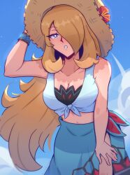 1girl bikini bikini_under_clothes blue_sarong blue_sky breasts cleavage crop_top cynthia_(pokemon) cynthia_(summer_2025)_(pokemon) grey_eyes hair_over_one_eye hat highres leaning_forward lunatuneflowers medium_breasts nintendo parted_lips pokemon pokemon_masters_ex sarong shirt sky solo straw_hat sun_hat swimsuit tied_shirt