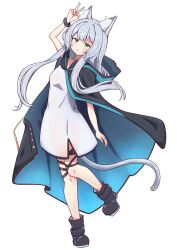 1girl :o absurdres animal_ear_fluff animal_ears ankle_boots arknights arm_up barurun_pen black_boots black_cape blue_cape blush boots cape commentary_request commission dress full_body green_eyes grey_dress grey_hair grey_tail highres hood hood_down hooded_cape infection_monitor_(arknights) long_hair looking_at_viewer parted_lips partial_commentary rosmontis_(arknights) short_dress sidelocks simple_background skeb_commission solo standing standing_on_one_leg tail thigh_strap two-sided_cape two-sided_fabric v white_background