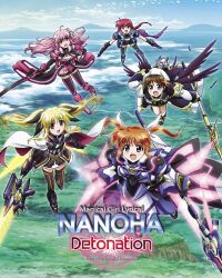 Rule 34 | 6+girls, above clouds, amitie florian, armored skirt, bardiche (blitz saber form) (nanoha), bardiche (nanoha), blonde hair, brown hair, cape, cloud, copyright name, dual wielding, energy blade, energy wings, fate testarossa, fate testarossa (blaze iii), flying, gun, hashidate kana, highres, holding, holding gun, holding staff, holding sword, holding weapon, kyrie florian, lyrical nanoha, magical girl, mahou shoujo lyrical nanoha detonation, mountainous horizon, multiple girls, official art, pink hair, raising heart, raising heart estrea, red hair, reinforce zwei, schwertkreuz, staff, sword, takamachi nanoha, takamachi nanoha (formula ii), twintails, variant zapper, waist cape, weapon, yagami hayate