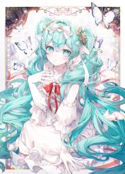 Rule 34 | 1girl, a20 (atsumaru), absurdres, aqua eyes, aqua hair, border, bow, bug, butterfly, butterfly on hair, choker, clothing cutout, commentary, crossed bangs, dress, earrings, full body, gloves, hair between eyes, hair bow, hair ornament, hand on own chest, hatsune miku, high heels, highres, insect, jewelry, long hair, looking at viewer, pantyhose, parted lips, red ribbon, ribbon, shiroi yuki no princess wa (vocaloid), shoes, shoulder cutout, sitting, solo, twintails, very long hair, vocaloid, wariza, white border, white butterfly, white choker, white dress, white gloves, white pantyhose, white shoes, x hair ornament