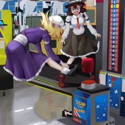 Rule 34 | 2girls, absurdres, black hat, black skirt, blonde hair, brown eyes, brown hair, collared shirt, frilled skirt, frills, hammer, hat, highres, hitting, holding, holding hammer, indoors, long sleeves, maribel hearn, mob cap, multiple girls, open mouth, purple eyes, shirt, short hair, skirt, strongman game, toogeruu, touhou, usami renko, white hat, white shirt