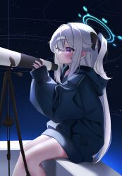 Rule 34 | 1girl, absurdres, black jacket, black ribbon, blue archive, blue halo, commentary, drawing flover, hair ribbon, halo, highres, hood, hooded jacket, jacket, long hair, long sleeves, miyako (blue archive), ribbon, sitting, thighs, white hair