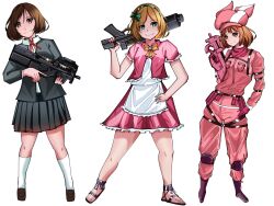 3girls apron black_shoe blonde_hair bob_cut bow brown_eyes brown_hair bullpup closed_mouth dress eyebrows floating_hair frilled_apron frilled_dress frilled_sleeves frills green_eyes grey_skirt gun gunslinger_girl hair_bow hairband headband henrietta_(gunslinger_girl) highres holding holding_weapon knee_pads llenn_(sao) maid maid_apron multiple_girls p90 personal_defense_weapon pink_dress rifle sandals short_hair skirt socks submachine_gun sword_art_online sword_art_online_alternative:_gun_gale_online weapon white_socks wonderland_online