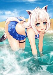1girl absurdres ahoge animal_ear_fluff animal_ears bare_shoulders beach bikini blue_bikini blue_eyes blush breasts fox_ears fox_girl fox_tail highres hololive long_hair open_mouth shirakami_fubuki shirakami_fubuki_(hololive_summer_2019) smile solo swimsuit tail thigh_strap thighs virtual_youtuber watchimen wet white_hair