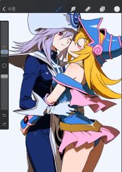 Rule 34 | 2girls, arms around waist, art program in frame, ass, blonde hair, blue bodysuit, blue dress, blue hat, blue panties, blush stickers, bodysuit, closed eyes, closed mouth, dark magician girl, dress, duel monster, gloves, grey hair, hair between eyes, hat, highres, kiss, long hair, multiple girls, one eye closed, panties, pantyshot, pink skirt, red eyes, silent magician, skirt, underwear, white gloves, wizard hat, yaoimani, yu-gi-oh!, yuri