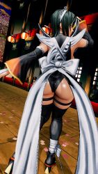 1girl 3d ass ass_focus black_hair black_leotard breasts curvy full_body high_heels highleg highleg_leotard highres huge_ass indoors iroha_(samurai_spirits) large_breasts legs leotard maid maid_headdress ryona samurai_spirits screencap shiny_skin short_hair sideboob skindentation thick_thighs thighhighs thighs third-party_edit thong_leotard wide_hips