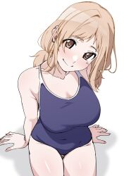 1girl blonde_hair blue_one-piece_swimsuit breasts brown_eyes competition_school_swimsuit covered_navel from_above head_tilt highres idolmaster idolmaster_shiny_colors large_breasts long_hair looking_at_viewer low_twintails monya_monya_(tmsc7752) one-piece_swimsuit sakuragi_mano school_swimsuit simple_background solo swimsuit thigh_gap twintails white_background