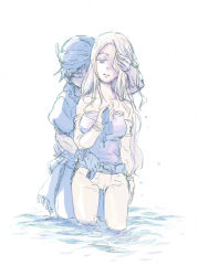 1boy 1girl bandana belt blonde_hair celes_chere couple final_fantasy final_fantasy_vi hatomugi_oekaki highres jacket locke_cole long_hair pants sash shirt short_hair square_enix strapless strapless_shirt