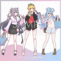 3girls alternate_costume bag blonde_hair blue_eyes blue_hair boots bow_hairband collared_shirt colored_tips commentary_request company_name cone_hair_bun copyright_notice cup disposable_cup drinking earrings eyewear_on_head full_body grey_eyes grey_hair hair_bun hair_ornament hairband hairclip hairpin high_heels holding holding_bag holding_cup holoh3roes hololive hololive_indonesia jacket jewelry kaela_kovalskia kobo_kanaeru long_hair long_sleeves looking_at_viewer multicolored_hair multiple_girls necklace norikoi off_shoulder official_art open_clothes open_jacket red_eyes sample_watermark shirt shoes short_hair shorts skirt smile sneakers socks standing sweater tote_bag vestia_zeta virtual_youtuber watermark wavy_hair