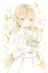 1girl absurdres blonde_hair blunt_bangs bouquet bow bud bug butterfly closed_mouth cowboy_shot curly_hair dress earrings expressionless flower gloves hair_bow hau_(hausan97) highres holding holding_bouquet insect jewelry long_hair looking_at_viewer original ring short_sleeves solo white_background white_bow white_dress white_flower white_gloves yellow_butterfly