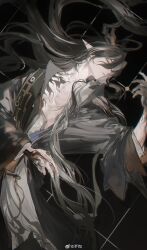1boy absurdres antlers arknights black_background black_coat black_hair board_game brown_eyes chest_tattoo chunbuchou coat colored_extremities cowboy_shot dragon_boy dragon_horns go_(board_game) hair_between_eyes half-closed_eye hand_up highres horns long_hair long_sleeves looking_at_hand looking_to_the_side male_focus multicolored_hair open_clothes open_coat open_robe pointy_ears profile robe solo streaked_hair tattoo wang_(arknights) watermark weibo_watermark white_hair white_robe