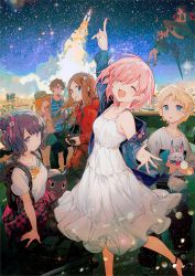 Rule 34 | 2boys, 6+girls, :d, :o, :p, ^ ^, aqua skirt, arm support, artoria pendragon (fate), backpack, badge, bag, baseball cap, black bag, black hair, black shorts, blonde hair, blue eyes, blue shirt, braid, brown hair, building, button badge, camera, camera around neck, casual, city, closed eyes, clothes around waist, collarbone, creature, crescent, dress, eyewear hang, fanny pack, fate/grand order, fate (series), floating, flower, flying saucer, food, food in mouth, fou (fate), from side, fujimaru ritsuka (female), fujimaru ritsuka (male), hair bun, hair flower, hair ornament, hairclip, hand on own cheek, hand on own face, hat, headpat, highres, holding, holding camera, holding creature, holding weapon, hood, hooded jacket, ishtar (fate), jacket, jacket around waist, katsushika hokusai (fate), leonardo da vinci (fate), long hair, looking at viewer, looking to the side, mash kyrielight, multicolored hair, multiple boys, multiple girls, mysterious heroine x (fate), namie-kun, octopus, off shoulder, official alternate costume, official art, open mouth, orange eyes, orange hair, outstretched arm, outstretched hand, pink hair, plaid clothes, plaid jacket, pointing, pointing up, ponytail, reaching, reaching towards viewer, red hair, red jacket, rocket, rocket ship, shirt, short hair, short sleeves, shorts, sitting, skirt, skyscraper, smile, smoke, smoke trail, space ishtar (fate), spacecraft, spaghetti strap, standing, star (sky), striped clothes, striped shirt, sundress, sunglasses, t-shirt, tokitarou (fate), tongue, tongue out, two-tone hair, two side up, unworn eyewear, voyager (fate), weapon, white dress, white shirt