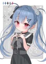 1girl :o black_bow black_collar black_nails black_shirt black_skirt blue_hair blush border bow collar commentary_request ear_piercing earrings grey_background grey_bow grey_sailor_collar hair_bow hair_ornament hairclip hands_up heart hickey highres jewelry kanae_(tsukiman) long_hair looking_at_viewer nail_polish original parted_lips piercing pleated_skirt puffy_short_sleeves puffy_sleeves rabbit_hair_ornament red_eyes sailor_collar shirt short_sleeves skirt solo steepled_fingers tsukiman twintails twitter_username very_long_hair white_border