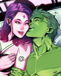 1boy 1girl beast_boy_(dc) bed colored_skin couple dc_comics green_hair green_skin happy highres kiss morning muscular muscular_male nipples pectorals pillow pointy_ears purple_hair raven_(dc) smile tattoo teen_titans