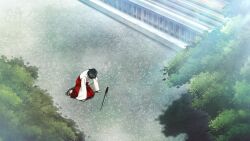 Rule 34 | 1boy, androgynous, black hair, bob cut, chihaya (clothing), choker, dropped object, exhausted, facing down, fallen down, flat chest, from above, game cg, hair ornament, hairclip, hakama, hakama skirt, highres, huke, japanese clothes, kneeling, kosode, leaf, miko, official art, outdoors, red hakama, ribbon choker, ribbon trim, sandals, shrine, skirt, skull hair ornament, socks, solo, steins;gate, steins;gate: linear bounded phenogram, sword, temple, tree, urushibara luka, weapon, white socks, wide sleeves, wooden sword