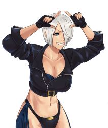 1girl absurdres angel_(kof) backless_pants blue_eyes bra breasts chaps cleavage crop_top cropped_jacket fingerless_gloves gloves hair_over_one_eye highres horns_pose index_fingers_raised jacket large_breasts leather leather_jacket midriff navel pants short_hair simple_background smile snk solo strapless strapless_bra the_king_of_fighters the_king_of_fighters_xiv toned toned_female tonyingredg underwear