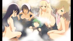 Rule 34 | 5girls, absurdres, ass, black hair, blonde hair, breast tattoo, breasts, brown hair, butt crack, closed eyes, completely nude, convenient censoring, game cg, green eyes, haruka (senran kagura), highres, hikage (senran kagura), homura (senran kagura), large breasts, long hair, looking at another, looking back, looking up, medium hair, mirai (senran kagura), multiple girls, non-web source, nude, official art, one eye closed, onsen, open mouth, partially submerged, pillarboxed, red eyes, senran kagura, senran kagura burst, sitting, smile, steam, steam censor, tan, tanline, tattoo, towel, towel on head, water, yaegashi nan, yomi (senran kagura)