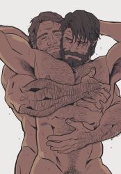 Rule 34 | 2boys, abs, arm hair, armpit hair, armpits, arms up, arthur morgan, bara, bare pectorals, beard, biceps, bonjourdraws, chest hair, closed eyes, commentary, completely nude, english commentary, facial hair, highres, hip bones, hug, joel (the last of us), looking at another, looking back, male focus, multiple boys, muscular, muscular male, navel, nipples, nude, pectorals, red dead redemption (series), smile, the last of us, the last of us (series), upper body, white background, yaoi