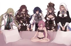 Rule 34 | 6+girls, aponia, black bra, black dress, black panties, black shorts, black skirt, blue eyes, bra, breasts, brown hair, brown shirt, cleavage, coat, couch, dress, eden (honkai impact), elysia (honkai impact), green hair, green shirt, grey shirt, habit, hair intakes, hat, highres, honkai (series), honkai impact 3rd, lab coat, large breasts, long hair, mei (honkai impact), meme, miniskirt, minxinq, mobius (honkai impact), mobius (pre-surgery) (honkai impact), multiple girls, on couch, one eye closed, panties, pencil skirt, pillow, pink hair, piper perri surrounded (meme), purple hair, shirt, short shorts, shorts, simple background, sitting, skirt, smile, top hat, underboob, underwear, underwear only, vill-v, white background, white coat, yuri