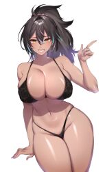 1girl absurdres ahoge black_bra black_hair black_panties bra breasts commentary dark-skinned_female dark_skin earrings english_commentary fingernails hair_between_eyes hand_up highleg highleg_panties highres indie_virtual_youtuber jewelry lace lace-trimmed_bra lace-trimmed_panties lace_trim large_breasts long_hair looking_at_viewer lower_teeth_only multicolored_hair neon_harper panties pink_hair pointing pointing_to_the_side ponytail second-party_source simple_background single_earring skindentation smile solo streaked_hair teeth thick_thighs thighs underwear virtual_youtuber yellow_eyes yutazou