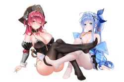 2girls absurdres anchor_(innocent_maid)_(nikke) anchor_(nikke) apron bicorne black_hat black_thighhighs blue_eyes blue_hair blush breasts cleavage closed_mouth commentary_request full_body goddess_of_victory:_nikke hair_intakes hat highres large_breasts long_hair looking_at_viewer maid_apron maid_headdress mast_(nikke) mast_(romantic_maid)_(nikke) medium_breasts multiple_girls official_alternate_costume official_alternate_hairstyle one_eye_closed pantyhose pink_eyes pink_hair pirate_hat shitsurakuen_(paradise_lost) simple_background smile soles thighhighs two_side_up waist_apron white_apron white_background white_headdress white_pantyhose