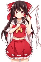 Rule 34 | 1girl, ascot, bad id, bad pixiv id, bare shoulders, blush, bow, brown eyes, brown hair, cowboy shot, crop top, detached sleeves, female focus, frills, gohei, hair bow, hair tubes, hakurei reimu, haraegushi, highres, long hair, maremay0513, midriff, miniskirt, oonusa, skirt, solo, touhou, very long hair, white background, wide sleeves