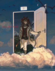 1girl absurdres angelina_(arknights) arknights bird black_shorts blue_sky brown_hair cloud coat crescent_moon exit_sign hairband highres holding holding_weapon jacket medium_hair moon open_clothes open_coat open_door open_jacket orange_eyes outdoors red_hairband red_jacket shorts sky solo surreal watanab1019 weapon white_coat