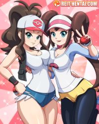 2girls blue_eyes brown_hair creatures_(company) female_focus game_freak hilda_(pokemon) long_hair multiple_girls nintendo poke_ball pokemon pokemon_bw pokemon_bw2 reit rosa_(pokemon) v