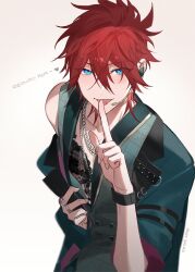 Rule 34 | 1boy, aleo, amagi rinne, artist name, bishounen, black bra, blue eyes, blush, bra, chain, chain necklace, crossdressing, ear piercing, earrings, english text, ensemble stars!, finger to mouth, hair between eyes, headset, heart, highres, idol, jacket, jewelry, lace, lace-trimmed bra, lace trim, licking, licking finger, looking at viewer, male focus, necklace, piercing, red hair, ring, shirt, short hair, simple background, solo, tongue, tongue out, underwear, upper body, white background