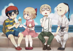 1girl 3boys backpack bag baseball_cap beach black_hair blonde_hair blue_eyes blue_sky blush bottle bow brown_eyes brown_shoes dougi dress eating food glasses hair_bow hat highres ice_cream jeff_andonuts karate_gi mother_(series) mother_2 multiple_boys napkin ness_(mother_2) nintendo ocean open_mouth paula_(mother_2) pink_dress poo_(mother_2) red_bow red_shoes shifumame shirt shoes sitting sky socks striped_clothes striped_shirt water_bottle white_socks