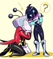 Rule 34 | ..., 1boy, 1other, absurdres, ant tenna, armor, black bodysuit, black hair, blue skin, bodysuit, cape, colored skin, crossed arms, crt, deltarune, full body, gloves, highres, kneeling, kris (dark world) (deltarune), kris (deltarune), necktie, object head, partially shaded face, pointy nose, shadow, shoes, short hair, spoken ellipsis, standing, tailcoat, vn35214, whispering, white gloves, yellow background, yellow necktie, yellow shoes