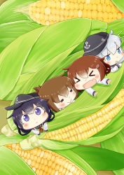 &gt;_&lt; 4girls :&gt; :&lt; :o =_= akatsuki_(kancolle) anchor_symbol blue_eyes brown_hair chibi commentary_request corn corn_cob fang flat_cap food hair_between_eyes hair_ornament hairclip hat hibiki_(kancolle) hinata_yuu ikazuchi_(kancolle) in_food inazuma_(kancolle) kantai_collection long_hair long_sleeves mini_person minigirl multiple_girls neckerchief purple_eyes purple_hair school_uniform silver_hair
