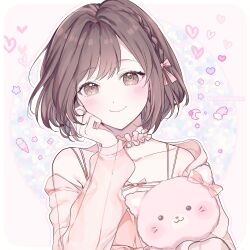 Rule 34 | 0202ase, 1girl, absurdres, blush, bow, braid, brown eyes, brown hair, collarbone, heart, highres, holding, holding stuffed toy, jacket, looking at viewer, pink bow, project sekai, shinonome ena, short hair, smile, solo, stuffed animal, stuffed toy, teddy bear, virtual youtuber