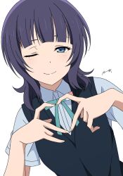 1girl asaka_karin black_sweater_vest blue_eyes blue_hair blue_shirt blunt_bangs closed_mouth collared_shirt four-finger_heart_hands hashtag-only_commentary head_tilt heart heart_hands highres looking_at_viewer love_live! love_live!_nijigasaki_high_school_idol_club medium_hair nagi_mkrnpn neck_ribbon nijigasaki_school_uniform one_eye_closed ribbon school_uniform shirt simple_background smile solo summer_uniform sweater_vest upper_body white_background