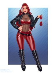Rule 34 | 1girl, belt, black belt, black boots, black choker, blue eyes, boots, breasts, choker, cleavage, commission, covered navel, cropped jacket, cuffs, fuzzy handcuffs, hand on own hip, handcuffs, highres, holding, holding handcuffs, jacket, large breasts, leotard, long hair, looking at viewer, max domikov, multicolored hair, open clothes, open jacket, original, pants, red hair, red lips, red nails, red pants, see-through clothes, see-through leotard, solo, tight clothes, tight pants, twitter username, two-tone hair, white hair