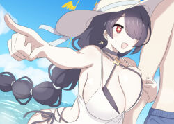 Rule 34 | + +, 1boy, 1girl, bare arms, bare shoulders, bikini, black hair, blue archive, blush, breast press, breasts, cleavage, cross, cross earrings, earrings, hair over one eye, hinata (blue archive), holding another&#039;s arm, jewelry, large breasts, long hair, official alternate costume, official alternate hairstyle, open mouth, pointing, ponytail, sidelocks, swimsuit, syabadabado, white bikini