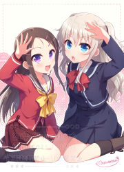 Rule 34 | 2girls, :d, :o, black shirt, black skirt, black socks, blue eyes, blush, boots, bow, bowtie, brown boots, brown hair, brown skirt, charlotte (anime), collared shirt, commentary request, commission, cosplay, costume switch, feet out of frame, forehead, grey hair, hair between eyes, hair ornament, hairclip, hand up, hoshinoumi academy school uniform, kneehighs, kousetsu, long hair, long sleeves, looking at viewer, miniskirt, multiple girls, open mouth, otosaka ayumi, otosaka ayumi (cosplay), parted bangs, pleated skirt, purple eyes, red bow, red bowtie, red shirt, sailor collar, salute, school uniform, serafuku, shirt, sidelocks, signature, simple background, skeb commission, skirt, smile, socks, straight hair, tomori nao, tomori nao (cosplay), twitter username, two side up, watermark, wavy hair, white background, white sailor collar, white shirt, yellow bow, yellow bowtie