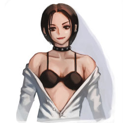 1girl bra brown_eyes brown_hair choker closed_mouth collarbone female_focus kzzang lipstick looking_at_viewer makeup nana_(series) osaki_nana piercing short_hair simple_background solo unbuttoned underwear upper_body white_background