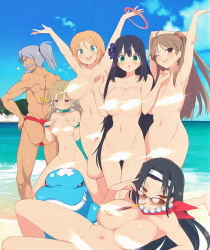 10s 1boy 5girls ? aqua_eyes artist_request ass beach black_hair breasts brown_hair censored cloud convenient_censoring family green_eyes hanabi_(senran_kagura) hanzo_(senran_kagura) highres husband_and_wife jasmine_(senran_kagura) kafuru_(senran_kagura) looking_at_viewer multiple_girls naughty_face navel nude orange_eyes purple_eyes renka_(senran_kagura) ryouki_(senran_kagura) sayuri_(senran_kagura) senran_kagura silver_hair sunglasses tagme water