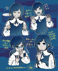 1girl ? ameito backpack bag blue_background blue_eyes blue_hair blue_theme closed_eyes collared_shirt commentary_request flying_sweatdrops frilled_shirt frills fukurai_azami hands_up highres index_finger_raised long_sleeves looking_at_viewer multiple_expressions multiple_views open_hands open_mouth outline scared shirt short_hair smile sweatdrop swept_bangs toshi_densetsu_kaitai_center translation_request trembling upper_body white_outline