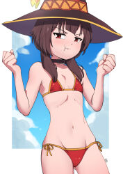 1girl bikini blue_sky border brown_hair cameltoe choker cloud collarbone cowboy_shot day flat_chest gez1313 hat highres kono_subarashii_sekai_ni_shukufuku_wo! looking_to_the_side megumin navel own_hands_clasped pout red_bikini red_eyes ribs short_hair_with_long_locks side-tie_bikini_bottom sky solo standing swimsuit white_border witch_hat