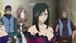 2girls 3boys animated bare_shoulders black_hair blonde_hair blue_eyes breasts cleavage collarbone dress green_eyes gunxsword large_breasts lipstick long_hair makeup mole mole_under_eye multiple_boys multiple_girls tagme video