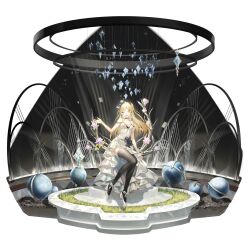 1girl artist_request black_ribbon black_thighhighs blonde_hair braid chandelier dress flower frilled_dress frills game_cg girls&#039;_frontline girls&#039;_frontline_neural_cloud grass highres k5_(girls&#039;_frontline) long_hair looking_at_viewer luna_(neural_cloud) official_alternate_costume official_art ribbon sitting solo thighhighs third-party_source white_flower zettai_ryouiki